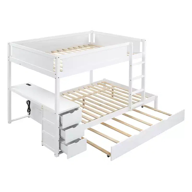 Lit superposé double sur double avec lit gigogne et bureau, cadre de lit superposé en bois massif avec tiroirs de rangement et étagères pour chambre d'enfants et d'adultes