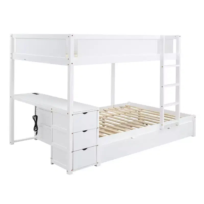 Lit superposé double sur double avec lit gigogne et bureau, cadre de lit superposé en bois massif avec tiroirs de rangement et étagères pour chambre d'enfants et d'adultes