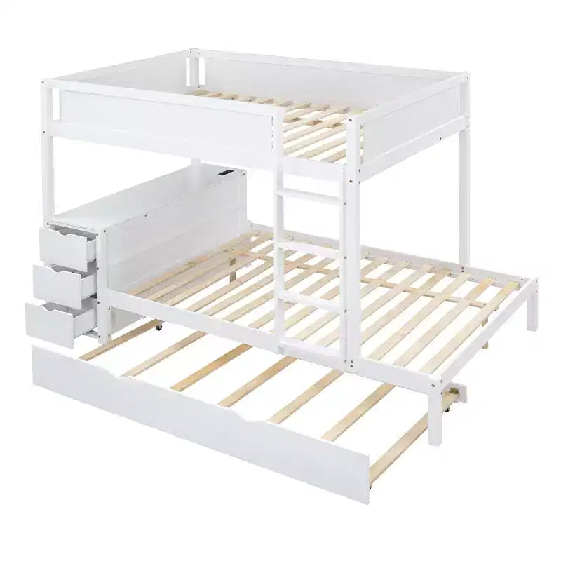Lit superposé double sur double avec lit gigogne et bureau, cadre de lit superposé en bois massif avec tiroirs de rangement et étagères pour chambre d'enfants et d'adultes