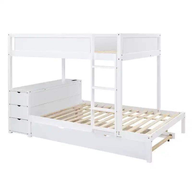 Lit superposé double sur double avec lit gigogne et bureau, cadre de lit superposé en bois massif avec tiroirs de rangement et étagères pour chambre d'enfants et d'adultes
