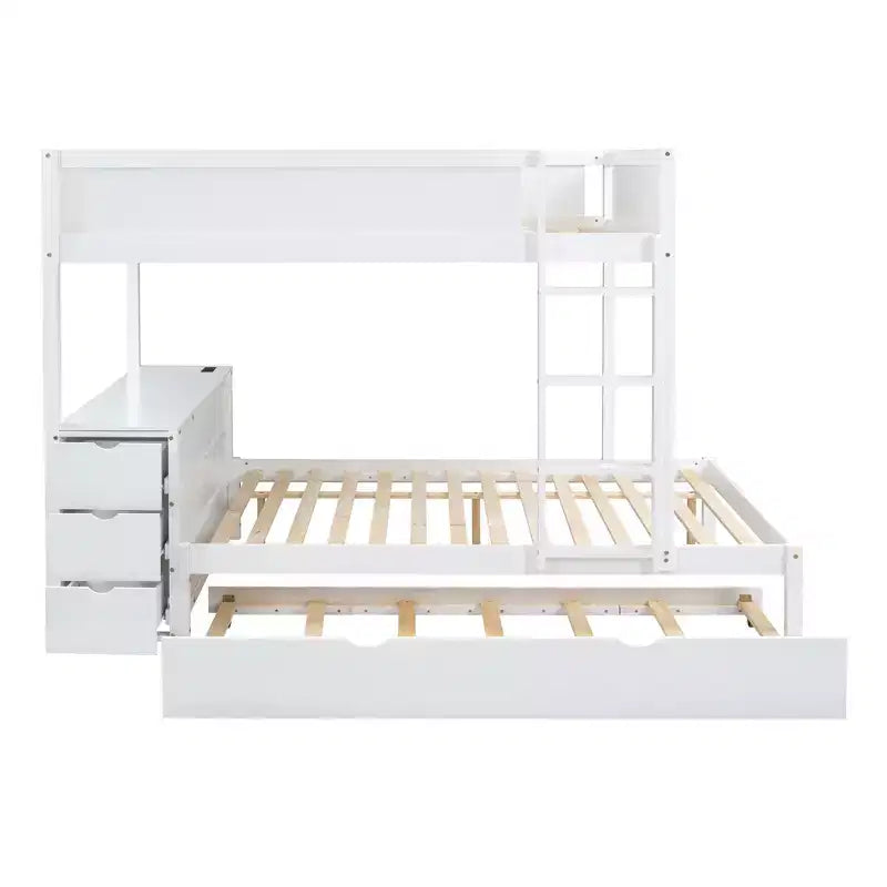 Lit superposé double sur double avec lit gigogne et bureau, cadre de lit superposé en bois massif avec tiroirs de rangement et étagères pour chambre d'enfants et d'adultes