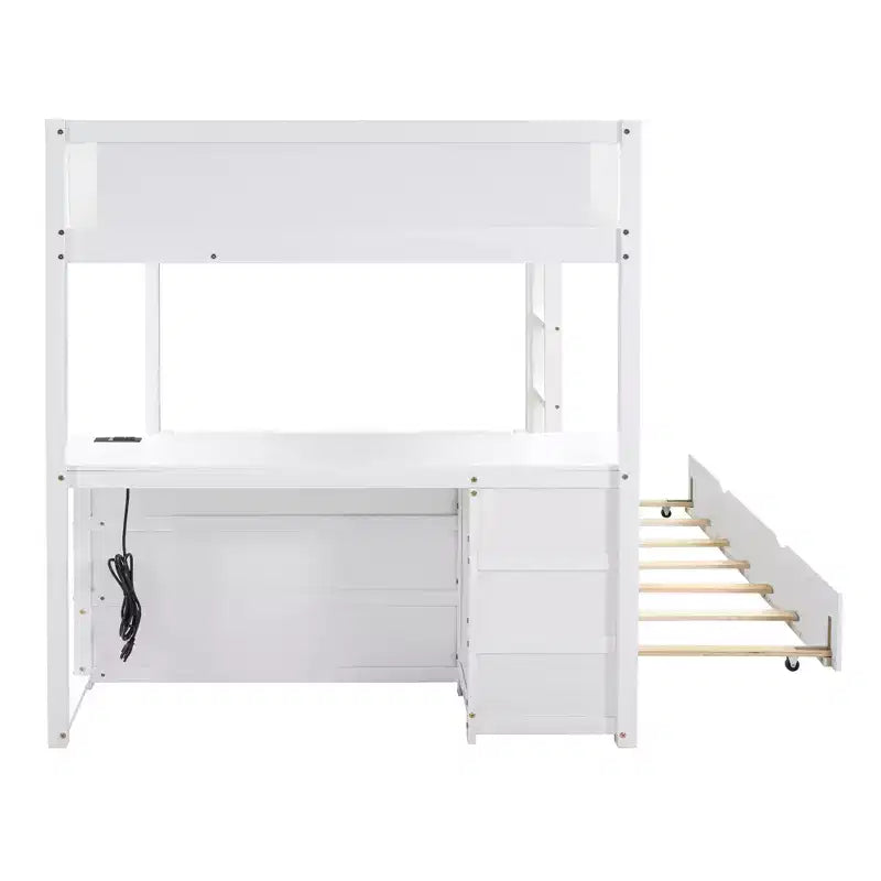 Lit superposé double sur double avec lit gigogne et bureau, cadre de lit superposé en bois massif avec tiroirs de rangement et étagères pour chambre d'enfants et d'adultes