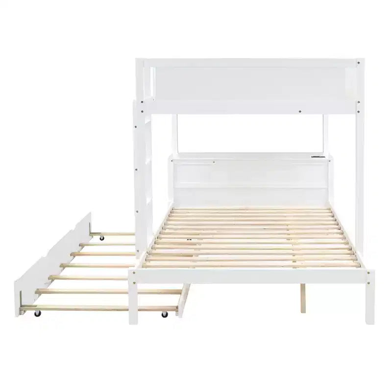 Lit superposé double sur double avec lit gigogne et bureau, cadre de lit superposé en bois massif avec tiroirs de rangement et étagères pour chambre d'enfants et d'adultes