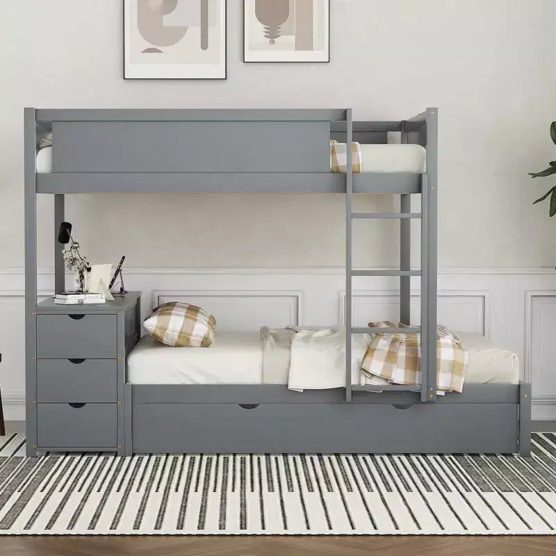 Lit superposé double sur double avec lit gigogne et bureau, cadre de lit superposé en bois massif avec tiroirs de rangement et étagères pour chambre d'enfants et d'adultes
