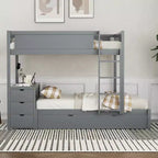 Lit superposé double sur double avec lit gigogne et bureau, cadre de lit superposé en bois massif avec tiroirs de rangement et étagères pour chambre d'enfants et d'adultes