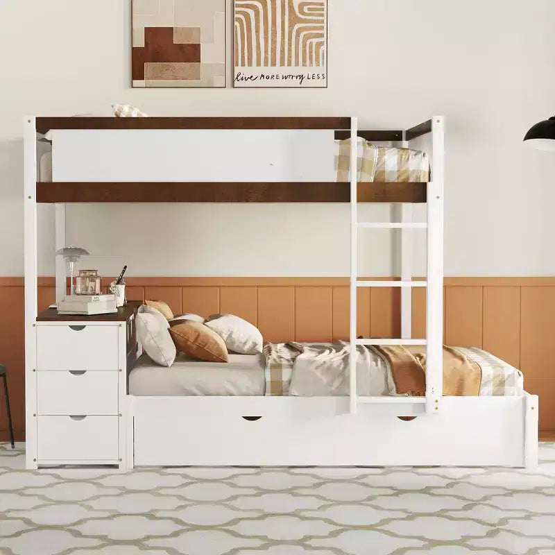 Lit superposé double sur double avec lit gigogne et bureau, cadre de lit superposé en bois massif avec tiroirs de rangement et étagères pour chambre d'enfants et d'adultes