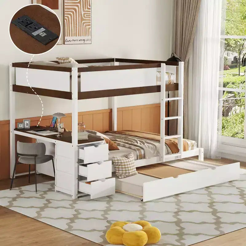 Lit superposé double sur double avec lit gigogne et bureau, cadre de lit superposé en bois massif avec tiroirs de rangement et étagères pour chambre d'enfants et d'adultes