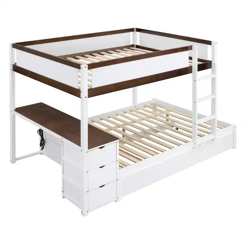 Lit superposé double sur double avec lit gigogne et bureau, cadre de lit superposé en bois massif avec tiroirs de rangement et étagères pour chambre d'enfants et d'adultes