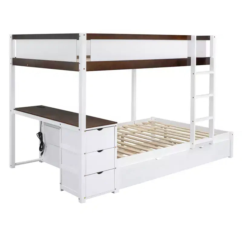 Lit superposé double sur double avec lit gigogne et bureau, cadre de lit superposé en bois massif avec tiroirs de rangement et étagères pour chambre d'enfants et d'adultes