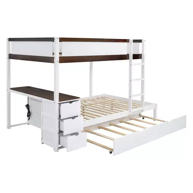 Lit superposé double sur double avec lit gigogne et bureau, cadre de lit superposé en bois massif avec tiroirs de rangement et étagères pour chambre d'enfants et d'adultes