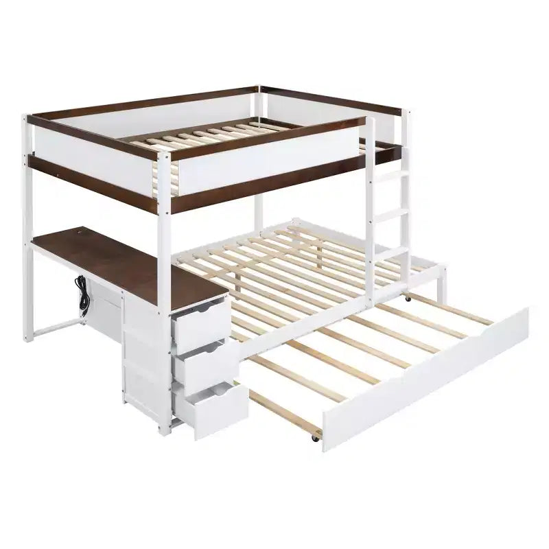 Lit superposé double sur double avec lit gigogne et bureau, cadre de lit superposé en bois massif avec tiroirs de rangement et étagères pour chambre d'enfants et d'adultes