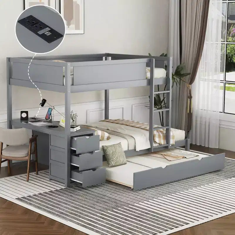Lit superposé double sur double avec lit gigogne et bureau, cadre de lit superposé en bois massif avec tiroirs de rangement et étagères pour chambre d'enfants et d'adultes