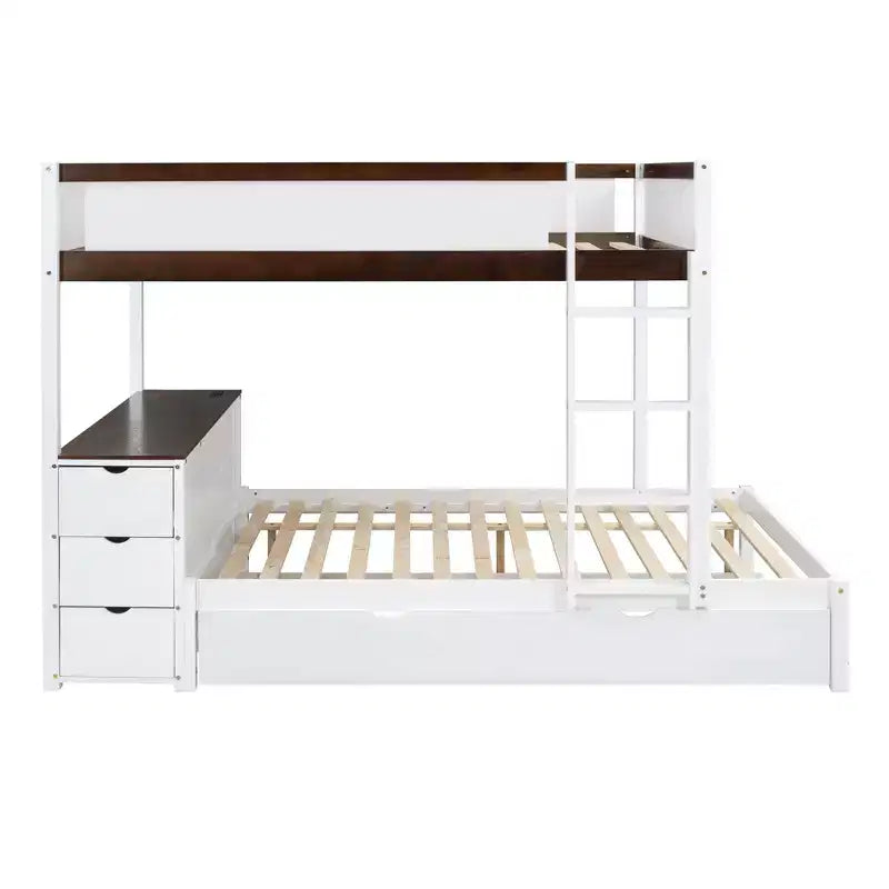 Lit superposé double sur double avec lit gigogne et bureau, cadre de lit superposé en bois massif avec tiroirs de rangement et étagères pour chambre d'enfants et d'adultes