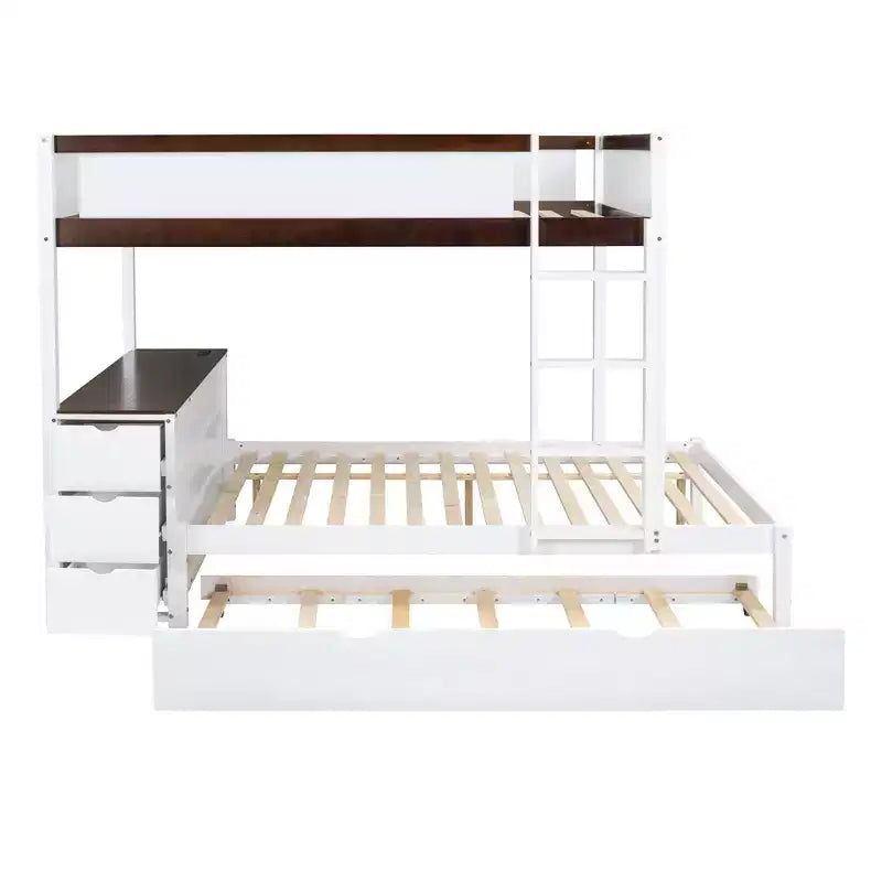 Lit superposé double sur double avec lit gigogne et bureau, cadre de lit superposé en bois massif avec tiroirs de rangement et étagères pour chambre d'enfants et d'adultes