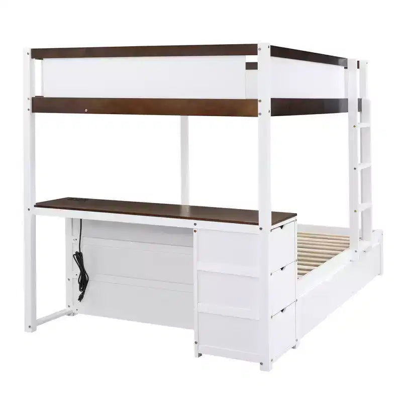 Lit superposé double sur double avec lit gigogne et bureau, cadre de lit superposé en bois massif avec tiroirs de rangement et étagères pour chambre d'enfants et d'adultes