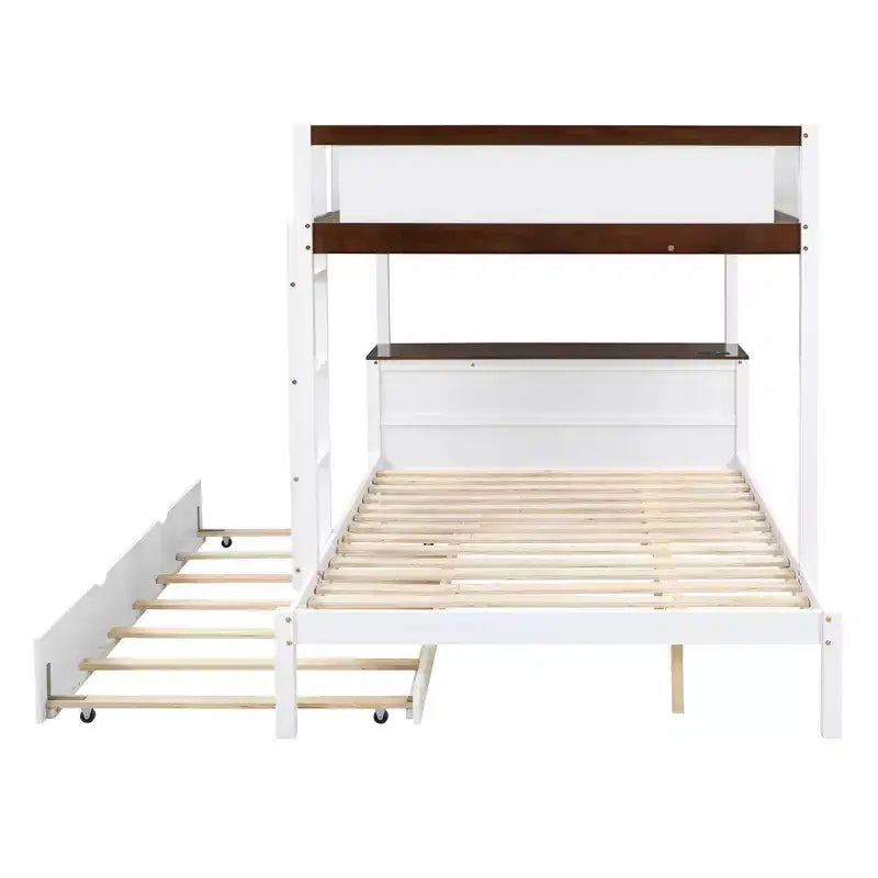 Lit superposé double sur double avec lit gigogne et bureau, cadre de lit superposé en bois massif avec tiroirs de rangement et étagères pour chambre d'enfants et d'adultes