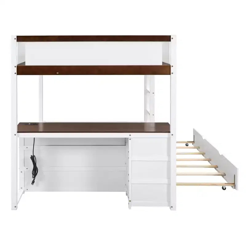Lit superposé double sur double avec lit gigogne et bureau, cadre de lit superposé en bois massif avec tiroirs de rangement et étagères pour chambre d'enfants et d'adultes