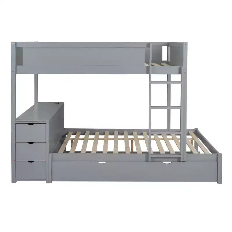 Lit superposé double sur double avec lit gigogne et bureau, cadre de lit superposé en bois massif avec tiroirs de rangement et étagères pour chambre d'enfants et d'adultes