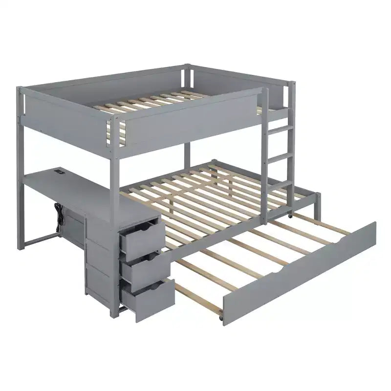 Lit superposé double sur double avec lit gigogne et bureau, cadre de lit superposé en bois massif avec tiroirs de rangement et étagères pour chambre d'enfants et d'adultes
