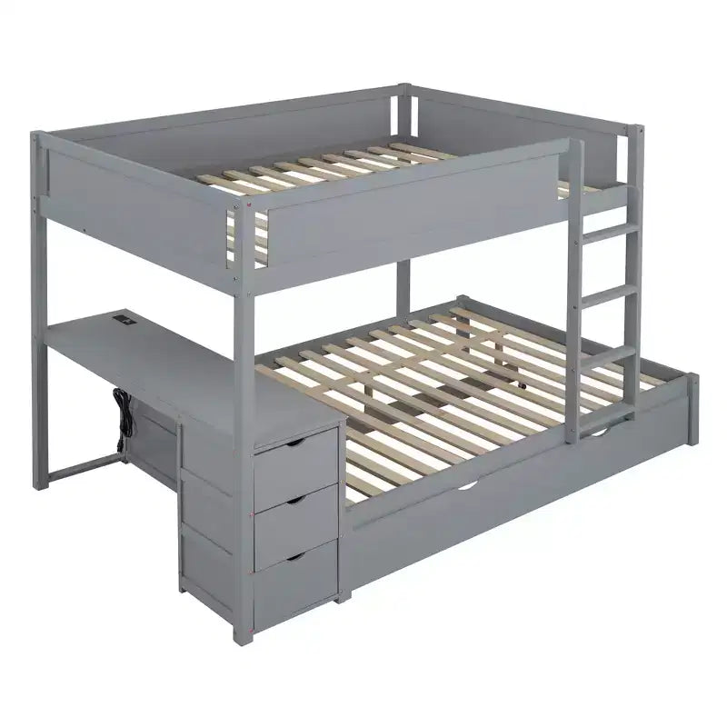 Lit superposé double sur double avec lit gigogne et bureau, cadre de lit superposé en bois massif avec tiroirs de rangement et étagères pour chambre d'enfants et d'adultes