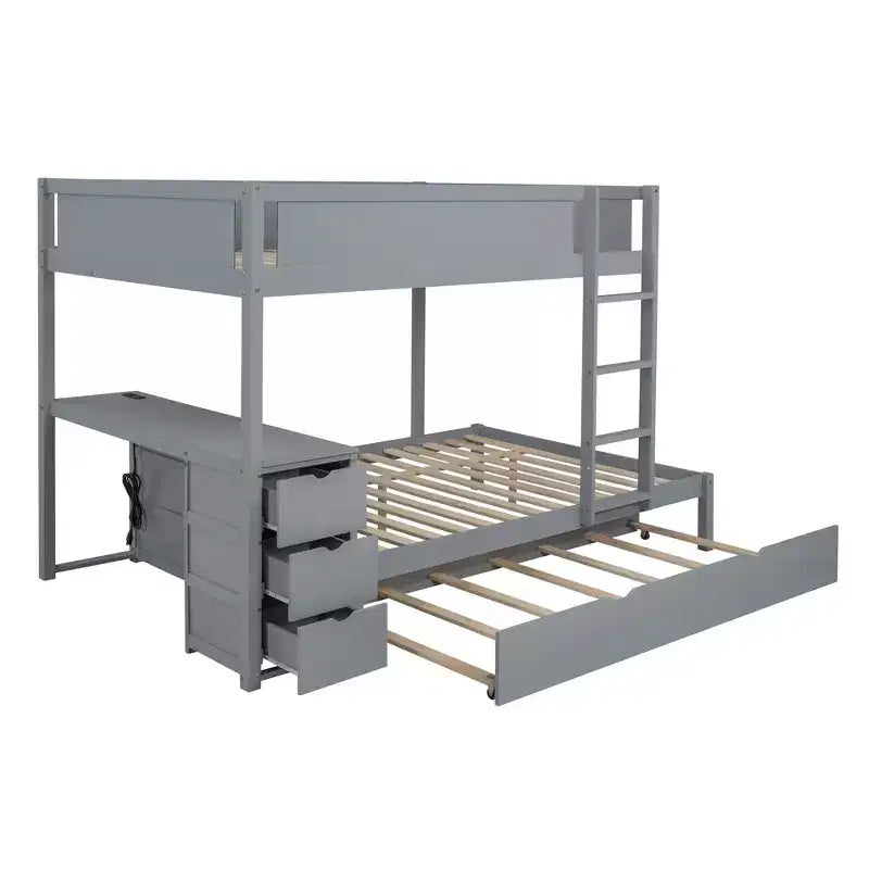 Lit superposé double sur double avec lit gigogne et bureau, cadre de lit superposé en bois massif avec tiroirs de rangement et étagères pour chambre d'enfants et d'adultes