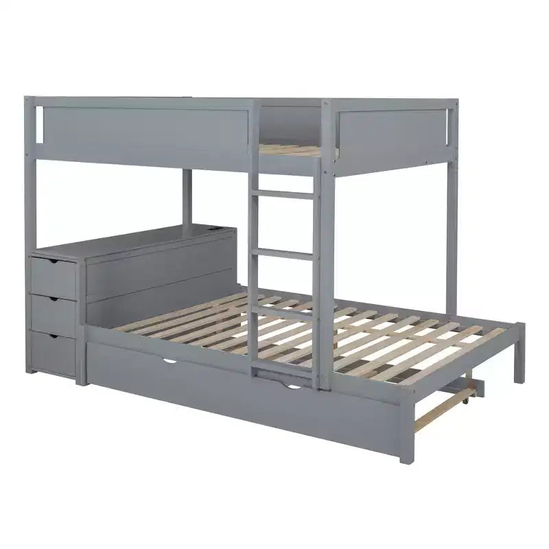 Lit superposé double sur double avec lit gigogne et bureau, cadre de lit superposé en bois massif avec tiroirs de rangement et étagères pour chambre d'enfants et d'adultes