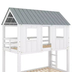 Lit superposé cabane avec lit gigogne, Lit superposé jumeau en bois avec lit gigogne, toit et fenêtres, Lit cabane pour enfants, Blanc+gris