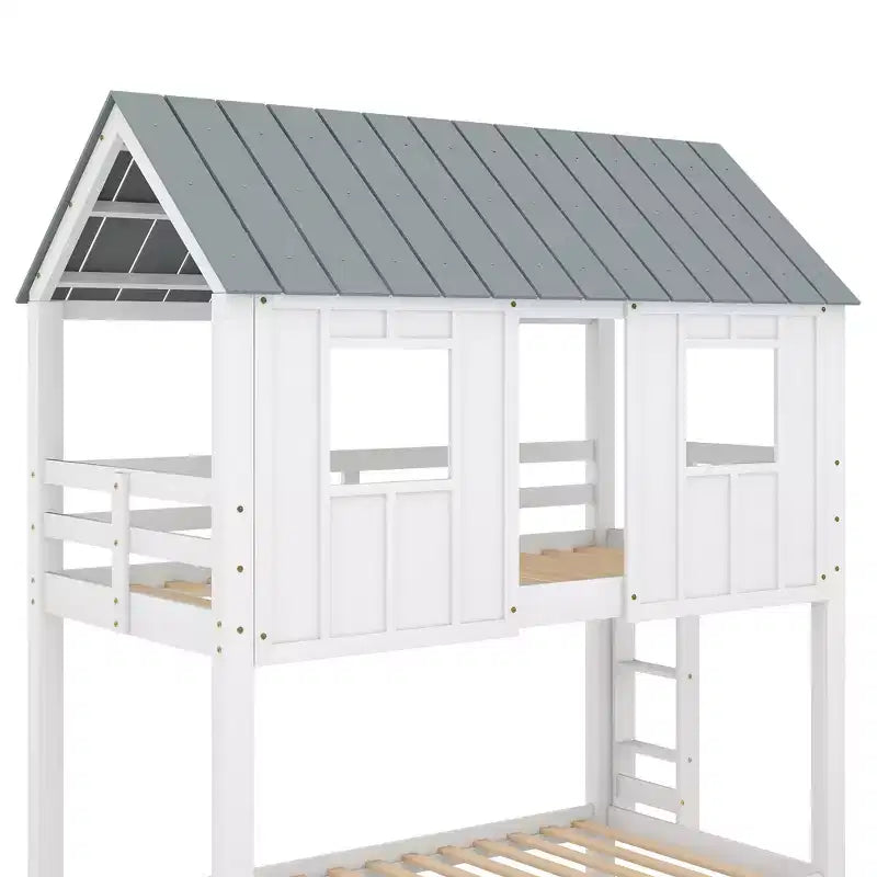 Lit superposé cabane avec lit gigogne, Lit superposé jumeau en bois avec lit gigogne, toit et fenêtres, Lit cabane pour enfants, Blanc+gris