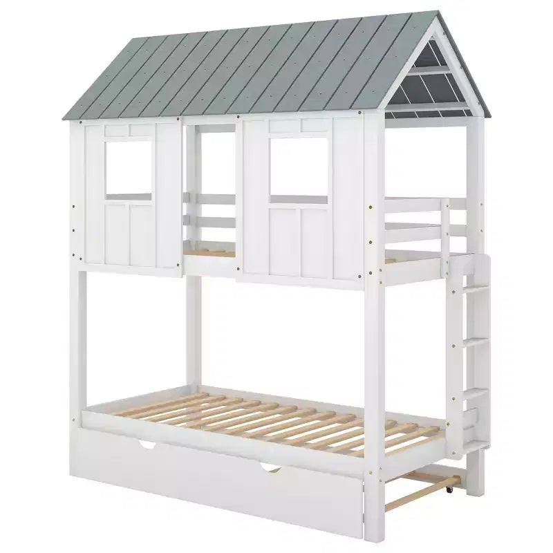 Lit superposé cabane avec lit gigogne, Lit superposé jumeau en bois avec lit gigogne, toit et fenêtres, Lit cabane pour enfants, Blanc+gris