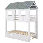 Lit superposé cabane avec lit gigogne, Lit superposé jumeau en bois avec lit gigogne, toit et fenêtres, Lit cabane pour enfants, Blanc+gris