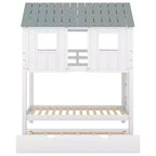 Lit superposé cabane avec lit gigogne, Lit superposé jumeau en bois avec lit gigogne, toit et fenêtres, Lit cabane pour enfants, Blanc+gris