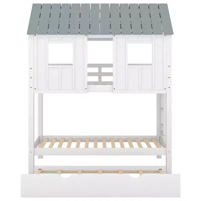 Lit superposé cabane avec lit gigogne, Lit superposé jumeau en bois avec lit gigogne, toit et fenêtres, Lit cabane pour enfants, Blanc+gris