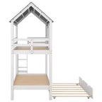 Lit superposé cabane avec lit gigogne, Lit superposé jumeau en bois avec lit gigogne, toit et fenêtres, Lit cabane pour enfants, Blanc+gris