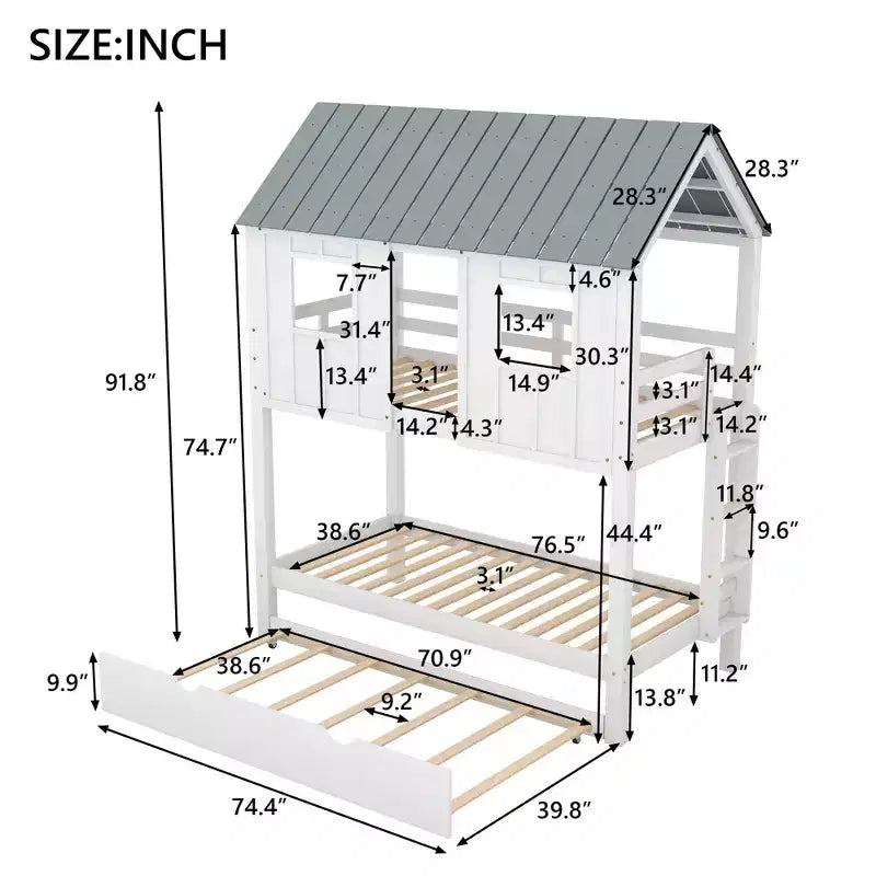 Lit superposé cabane avec lit gigogne, Lit superposé jumeau en bois avec lit gigogne, toit et fenêtres, Lit cabane pour enfants, Blanc+gris