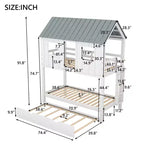 Lit superposé cabane avec lit gigogne, Lit superposé jumeau en bois avec lit gigogne, toit et fenêtres, Lit cabane pour enfants, Blanc+gris