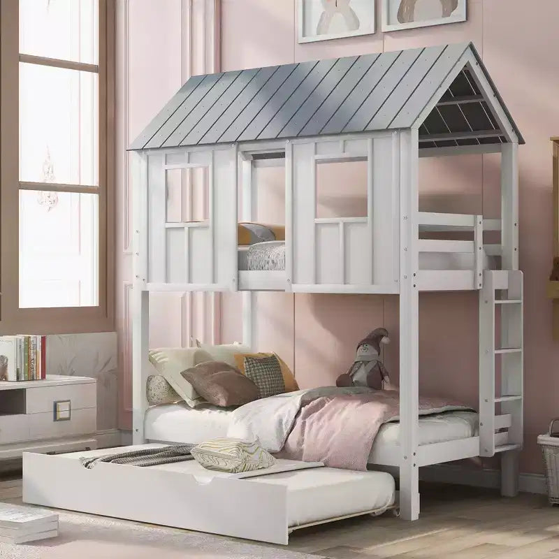 Lit superposé cabane avec lit gigogne, Lit superposé jumeau en bois avec lit gigogne, toit et fenêtres, Lit cabane pour enfants, Blanc+gris