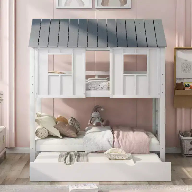 Lit superposé cabane avec lit gigogne, Lit superposé jumeau en bois avec lit gigogne, toit et fenêtres, Lit cabane pour enfants, Blanc+gris