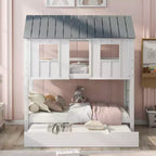 Lit superposé cabane avec lit gigogne, Lit superposé jumeau en bois avec lit gigogne, toit et fenêtres, Lit cabane pour enfants, Blanc+gris