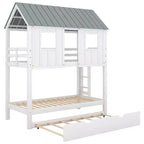 Lit superposé cabane avec lit gigogne, Lit superposé jumeau en bois avec lit gigogne, toit et fenêtres, Lit cabane pour enfants, Blanc+gris