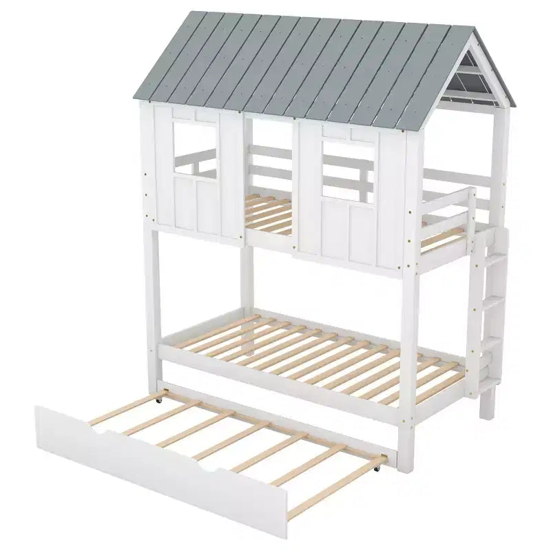 Lit superposé cabane avec lit gigogne, Lit superposé jumeau en bois avec lit gigogne, toit et fenêtres, Lit cabane pour enfants, Blanc+gris