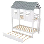 Lit superposé cabane avec lit gigogne, Lit superposé jumeau en bois avec lit gigogne, toit et fenêtres, Lit cabane pour enfants, Blanc+gris