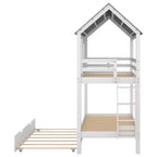 Lit superposé cabane avec lit gigogne, Lit superposé jumeau en bois avec lit gigogne, toit et fenêtres, Lit cabane pour enfants, Blanc+gris