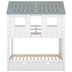 Lit superposé cabane avec lit gigogne, Lit superposé jumeau en bois avec lit gigogne, toit et fenêtres, Lit cabane pour enfants, Blanc+gris