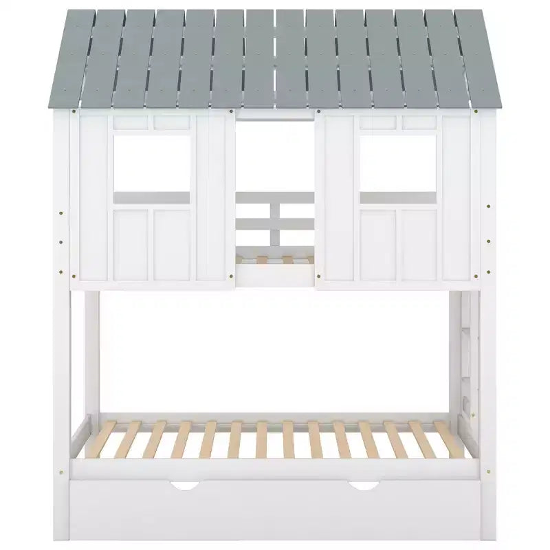 Lit superposé cabane avec lit gigogne, Lit superposé jumeau en bois avec lit gigogne, toit et fenêtres, Lit cabane pour enfants, Blanc+gris