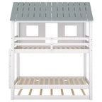 Lit superposé cabane avec lit gigogne, Lit superposé jumeau en bois avec lit gigogne, toit et fenêtres, Lit cabane pour enfants, Blanc+gris