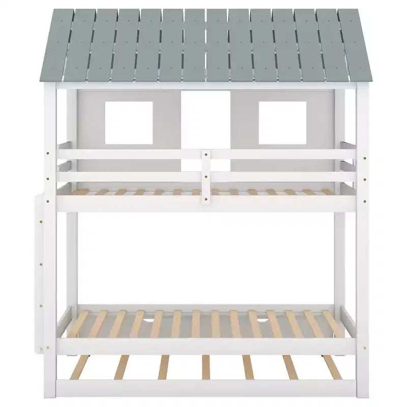 Lit superposé cabane avec lit gigogne, Lit superposé jumeau en bois avec lit gigogne, toit et fenêtres, Lit cabane pour enfants, Blanc+gris