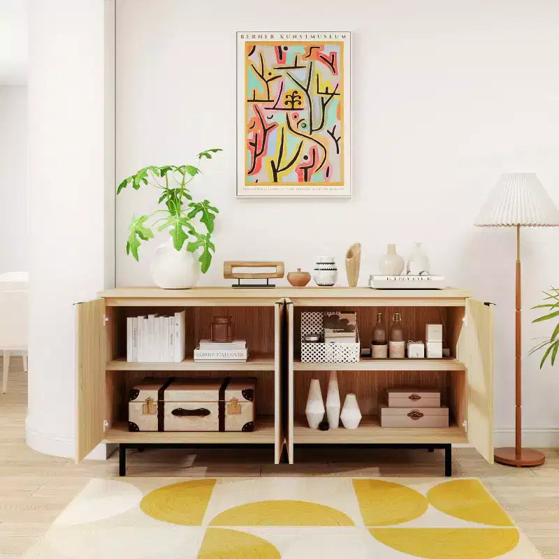 Dyonery 58 Table Console en Bois avec 4 Portes Cannelées et Étagères Réglables, Buffet Moderne avec Rangement pour Salon, Cuisine et Entrée