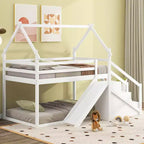 Lits superposés maison avec toboggan et escaliers de rangement, lit superposé double en bois avec toit et escaliers pour filles et garçons