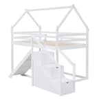 Lits superposés maison avec toboggan et escaliers de rangement, lit superposé double en bois avec toit et escaliers pour filles et garçons