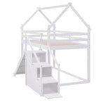 Lits superposés maison avec toboggan et escaliers de rangement, lit superposé double en bois avec toit et escaliers pour filles et garçons